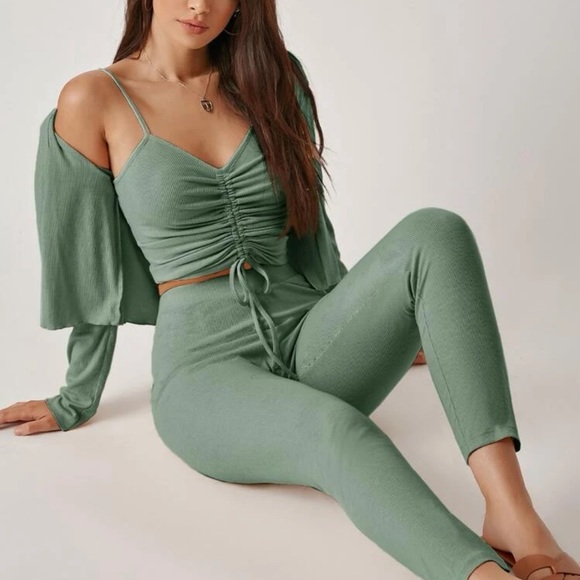 Drawstring knot ruched cami top & leggings set with cardigan - Picture 2 of 6